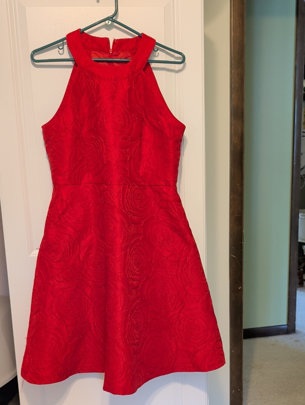 Calvin Klein Red Rose-Texture Halter Fit-and-Flare Dress